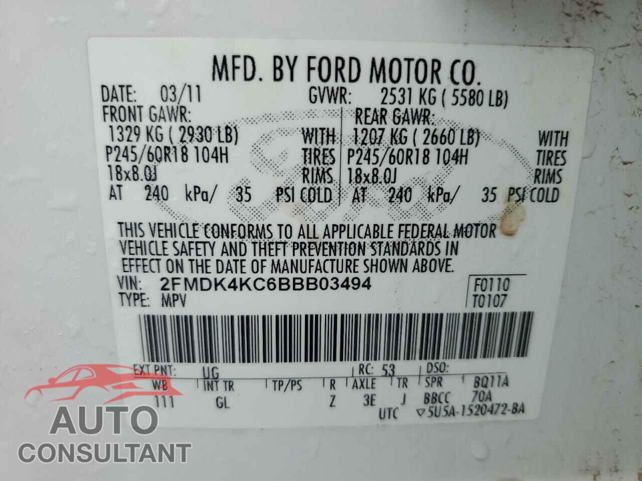 FORD EDGE 2011 - 2FMDK4KC6BBB03494