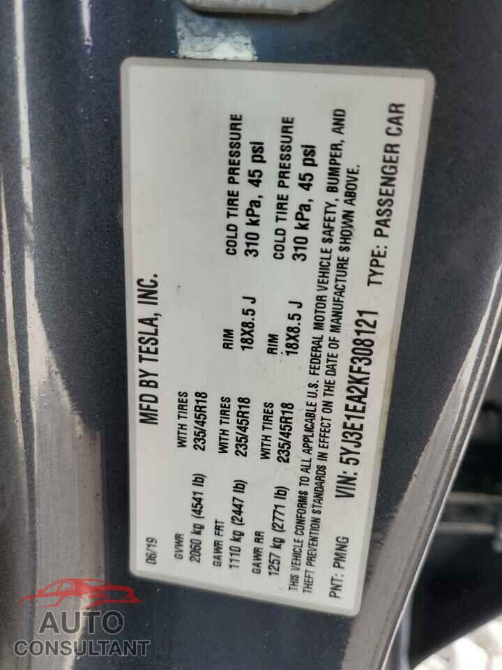 TESLA MODEL 3 2019 - 5YJ3E1EA2KF308121