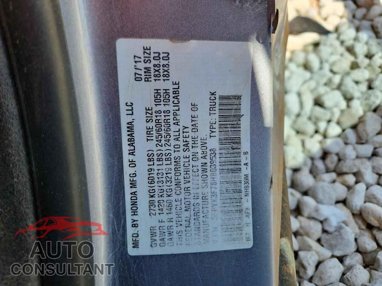 HONDA RIDGELINE 2017 - 5FPYK3F78HB039538