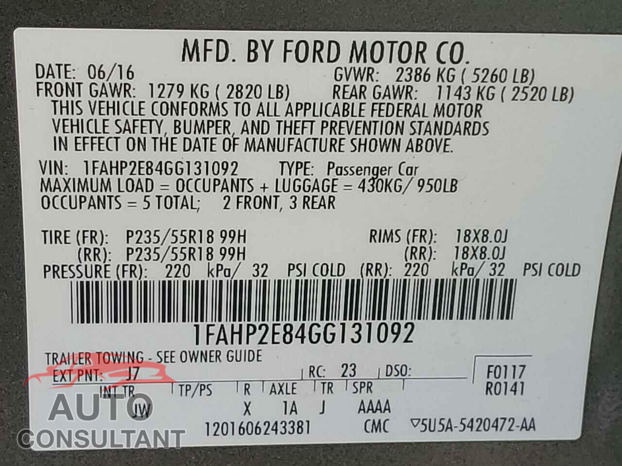 FORD TAURUS 2016 - 1FAHP2E84GG131092