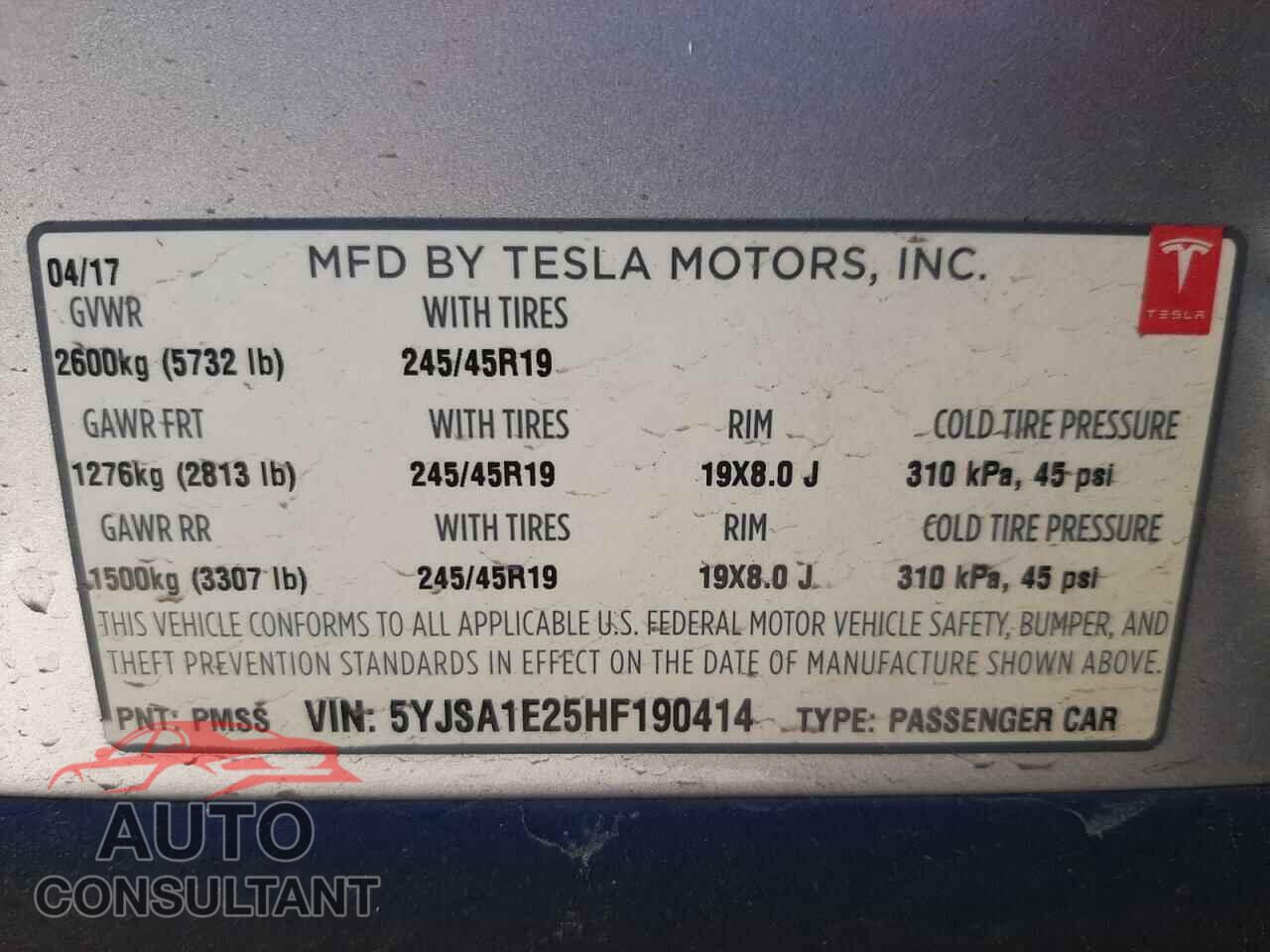 TESLA MODEL S 2017 - 5YJSA1E25HF190414
