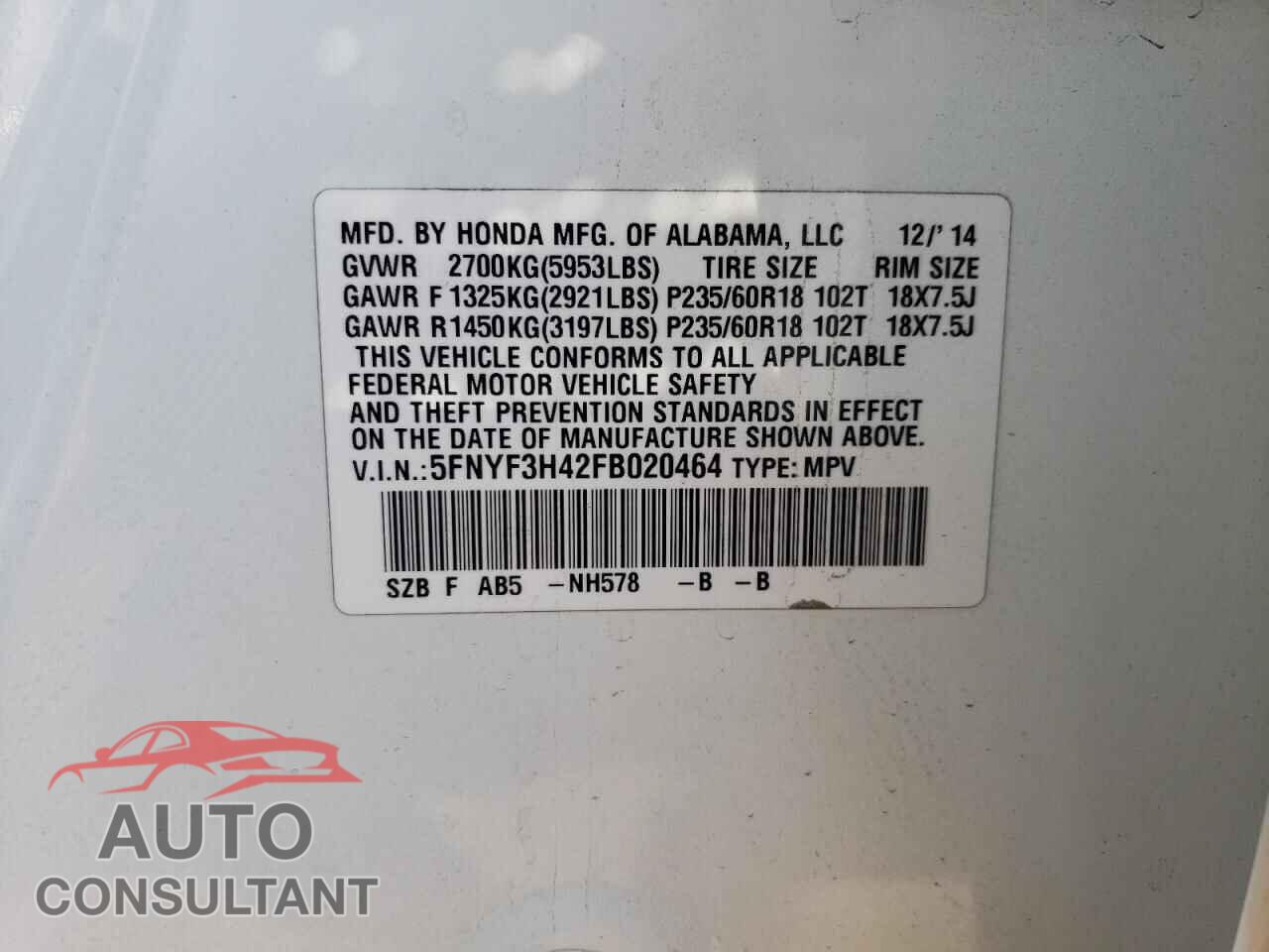 HONDA PILOT 2015 - 5FNYF3H42FB020464