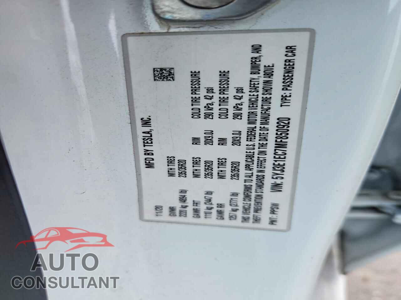 TESLA MODEL 3 2021 - 5YJ3E1EC7MF850920