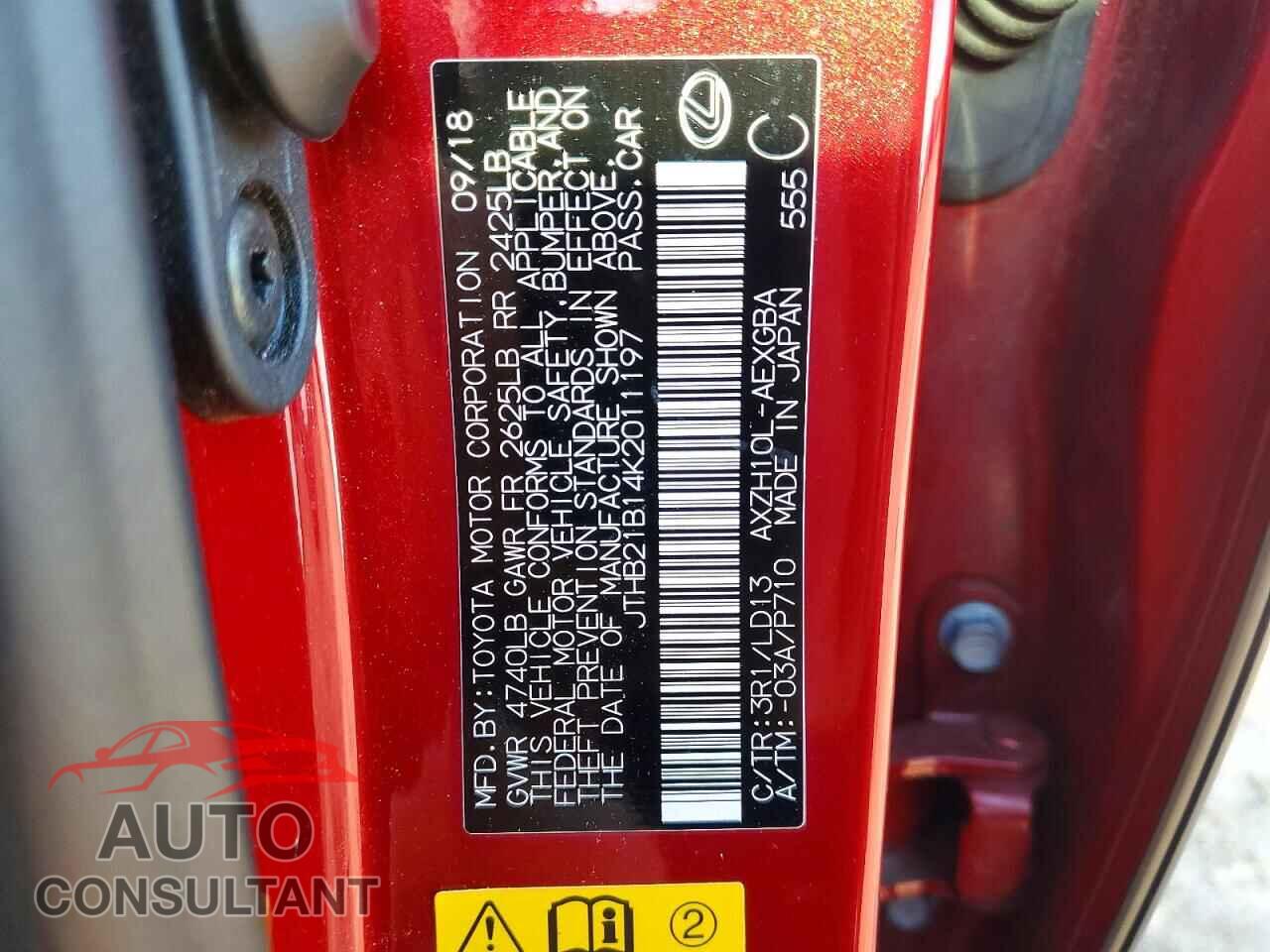 LEXUS ES300 2019 - JTHB21B14K2011197