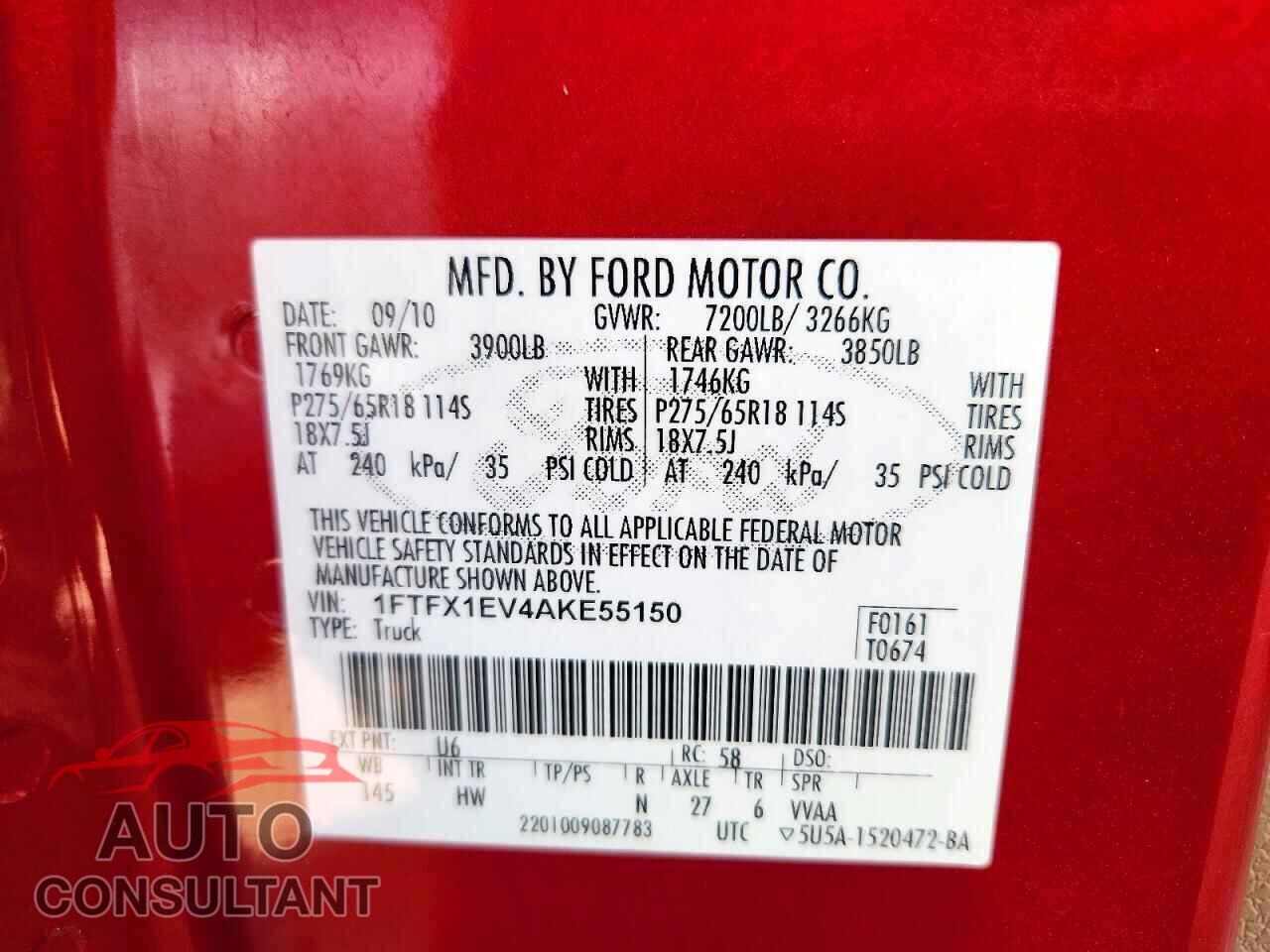 FORD F150 2010 - 1FTFX1EV4AKE55150