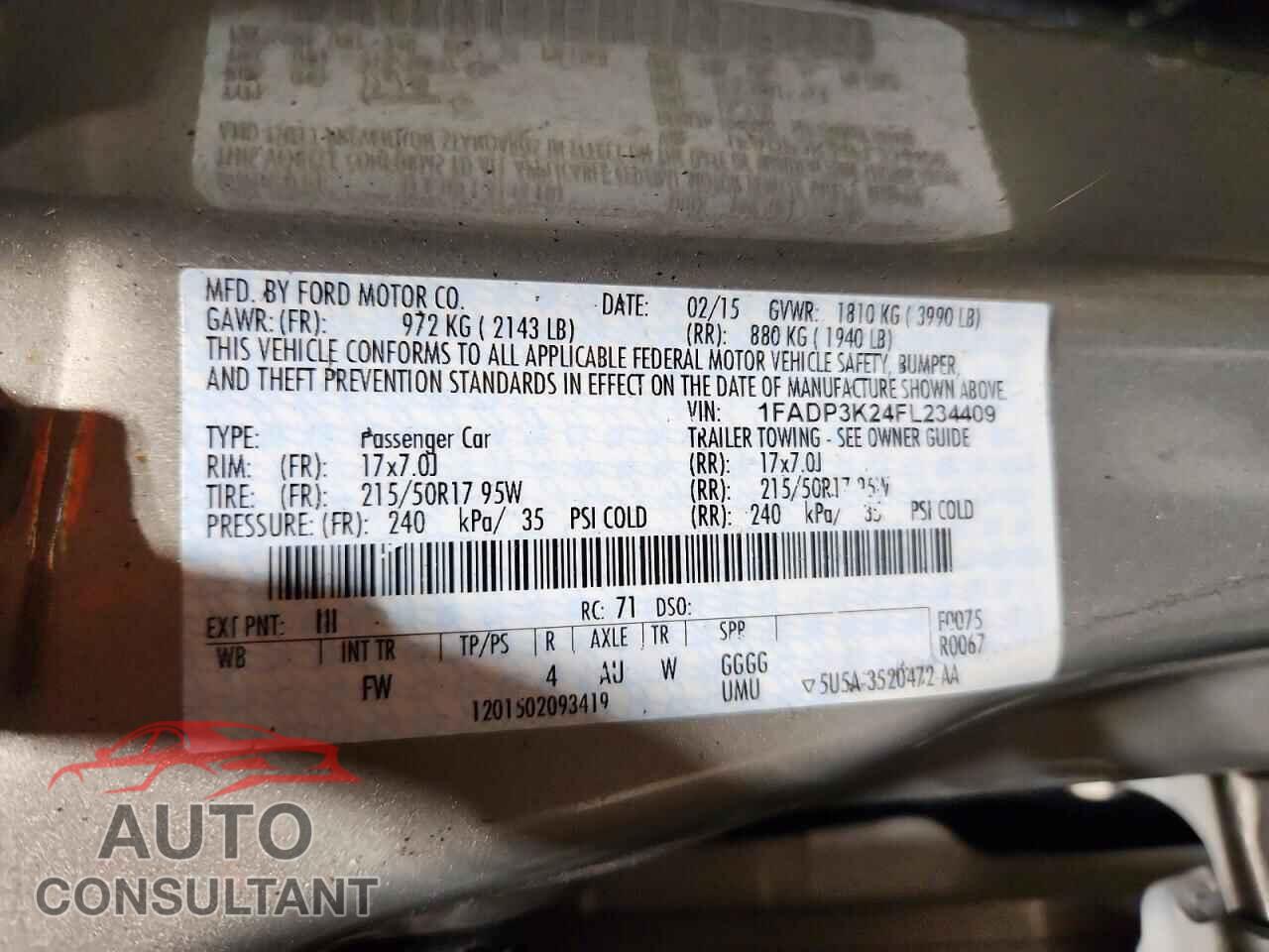 FORD FOCUS 2015 - 1FADP3K24FL234409