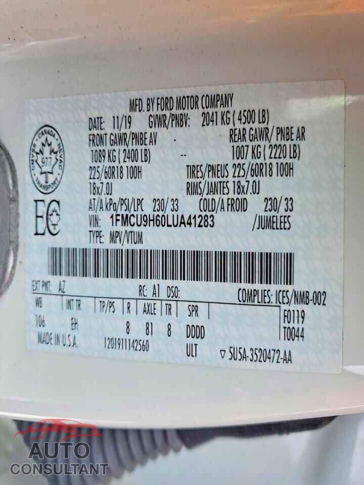 FORD ESCAPE 2020 - 1FMCU9H60LUA41283