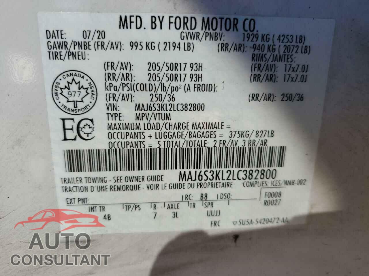 FORD ECOSPORT 2020 - MAJ6S3KL2LC382800