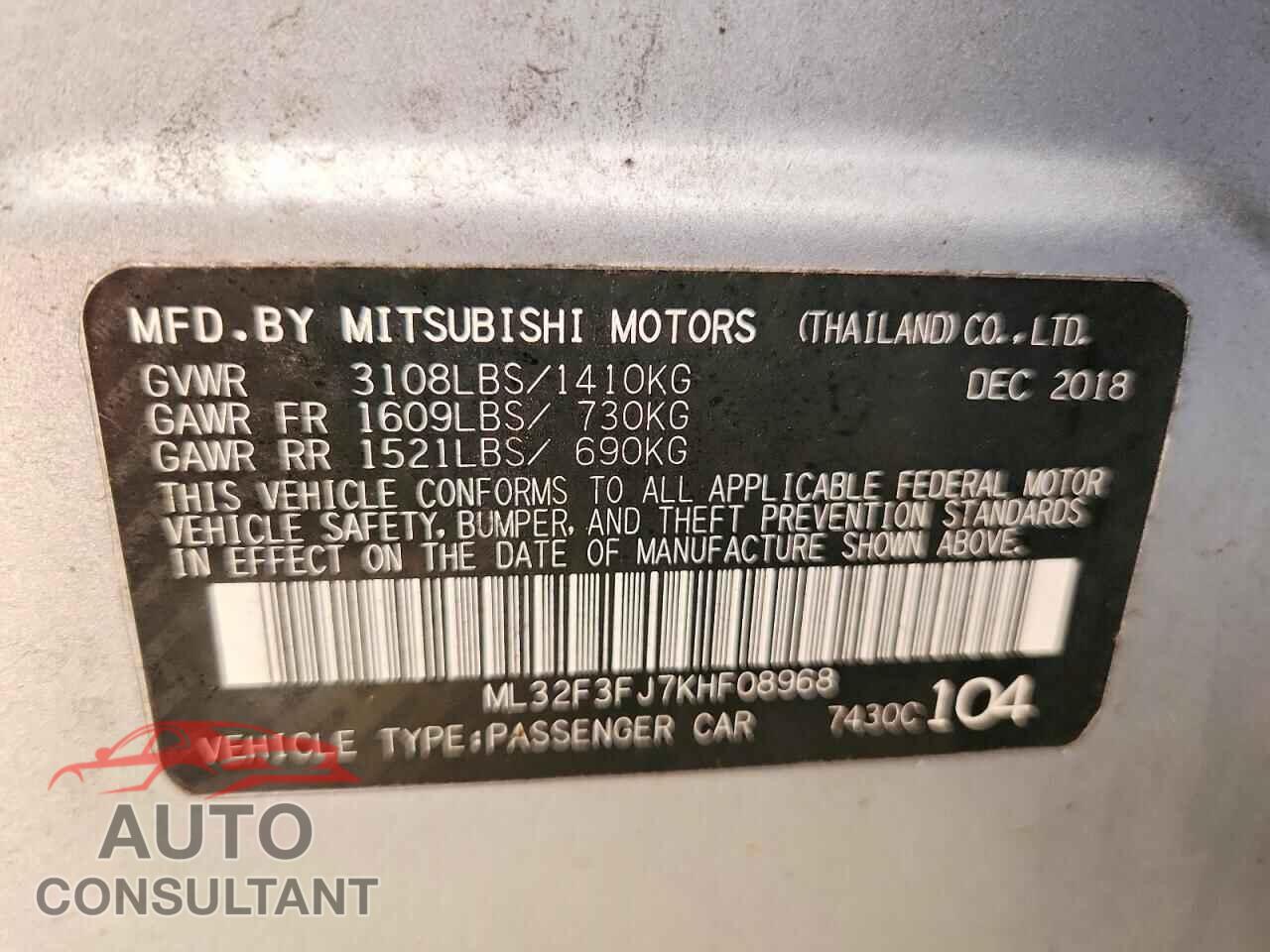MITSUBISHI MIRAGE 2019 - ML32F3FJ7KHF08968