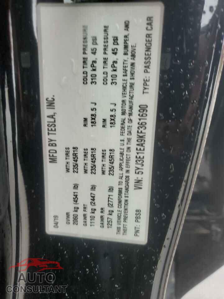 TESLA MODEL 3 2019 - 5YJ3E1EA9KF361690