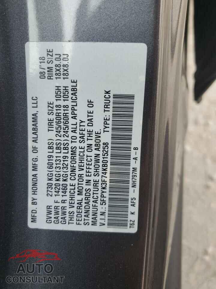 HONDA RIDGELINE 2019 - 5FPYK3F74KB015258