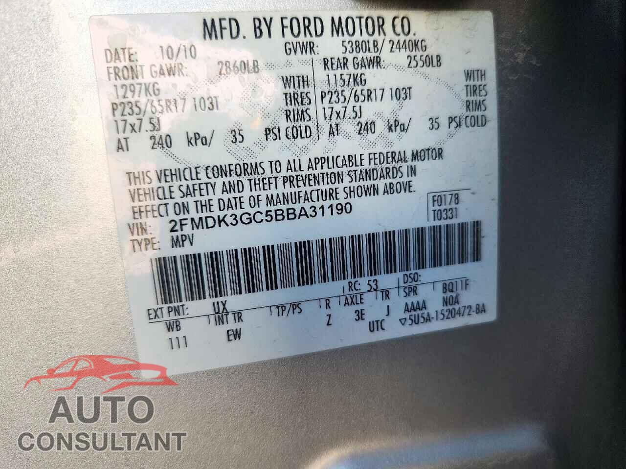 FORD EDGE 2011 - 2FMDK3GC5BBA31190