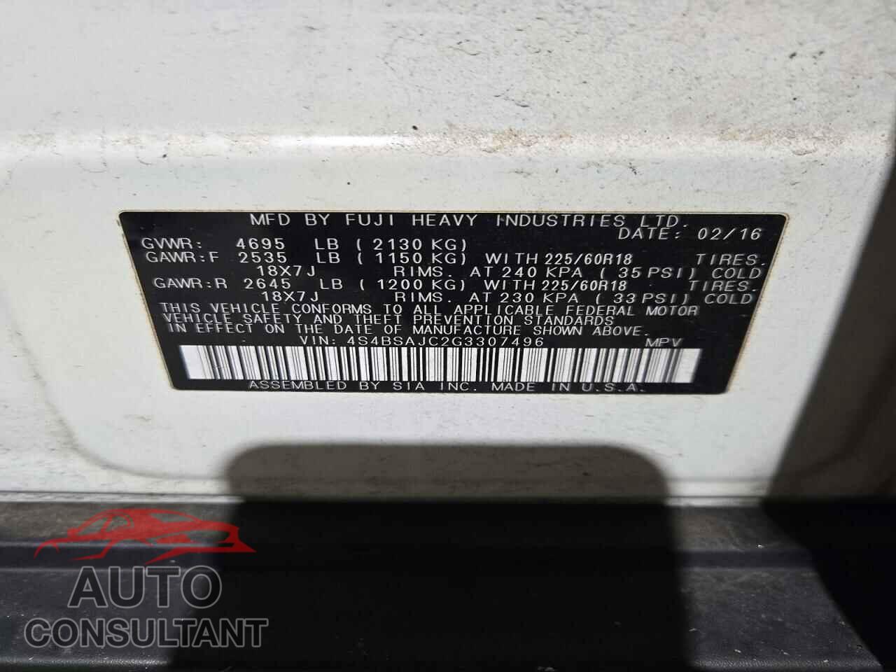 SUBARU OUTBACK 2016 - 4S4BSAJC2G3307496
