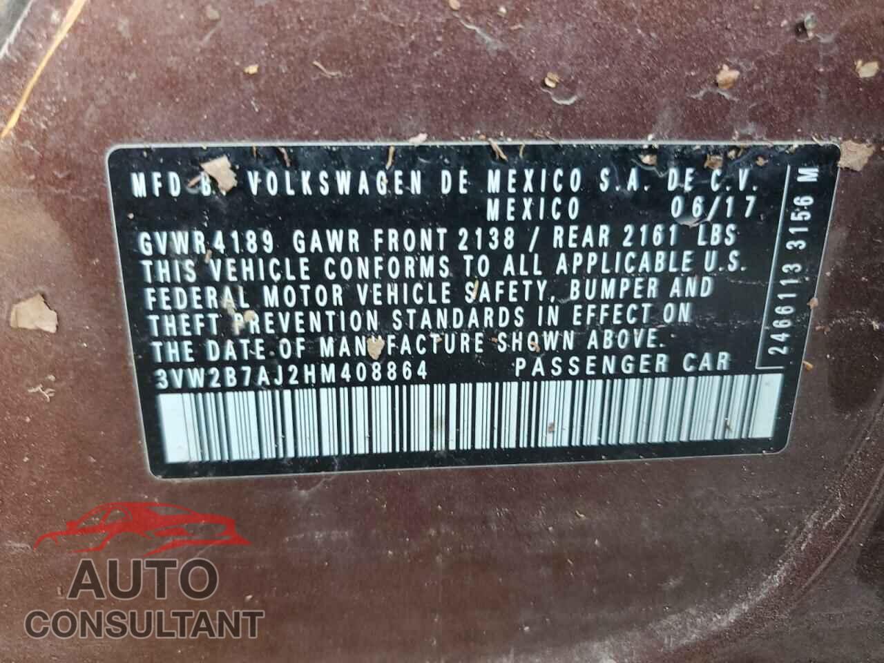 VOLKSWAGEN JETTA 2017 - 3VW2B7AJ2HM408864