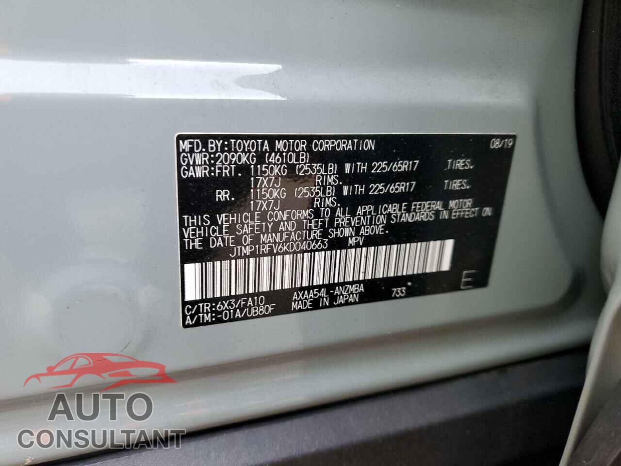 TOYOTA RAV4 2019 - JTMP1RFV6KD040663