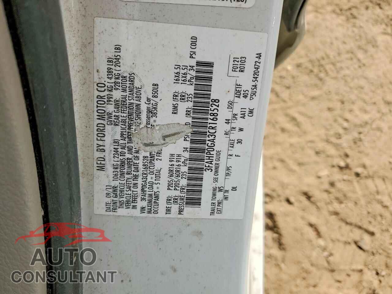 FORD FUSION 2012 - 3FAHP0GA3CR168528