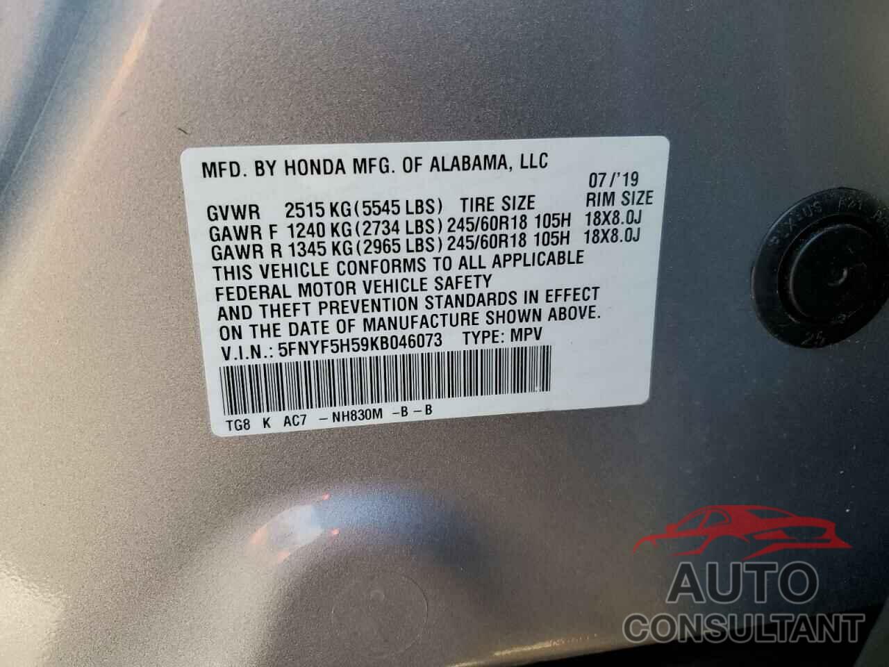 HONDA PILOT 2019 - 5FNYF5H59KB046073