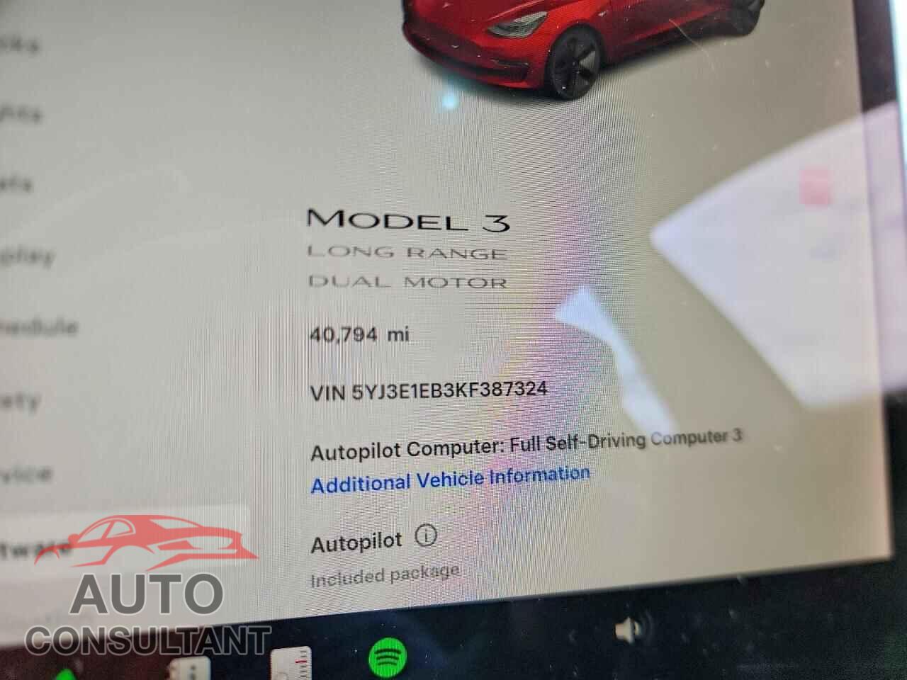 TESLA MODEL 3 2019 - 5YJ3E1EB3KF387324