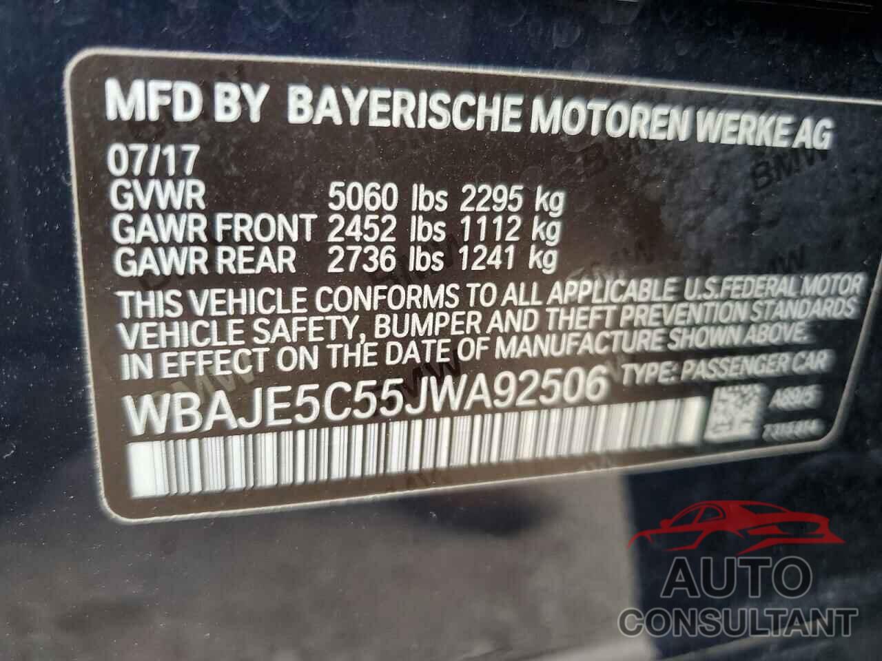 BMW 5 SERIES 2018 - WBAJE5C55JWA92506