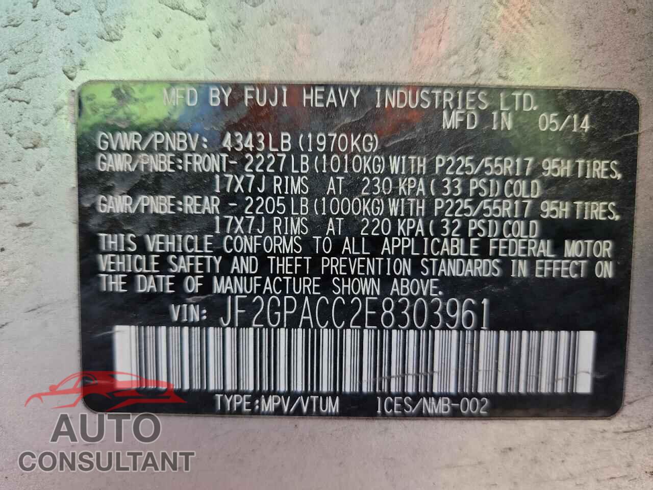 SUBARU XV 2014 - JF2GPACC2E8303961