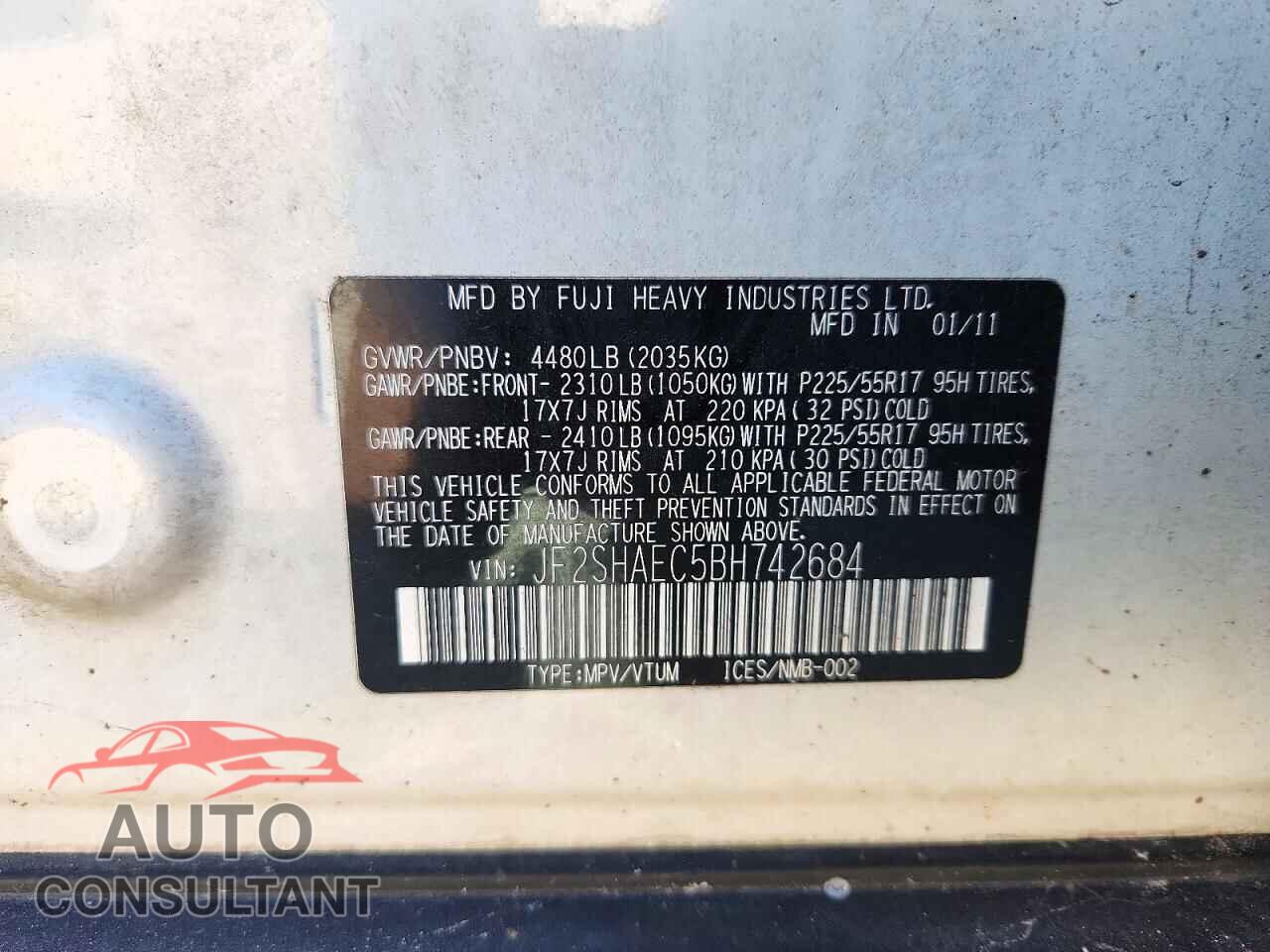 SUBARU FORESTER 2011 - JF2SHAEC5BH742684