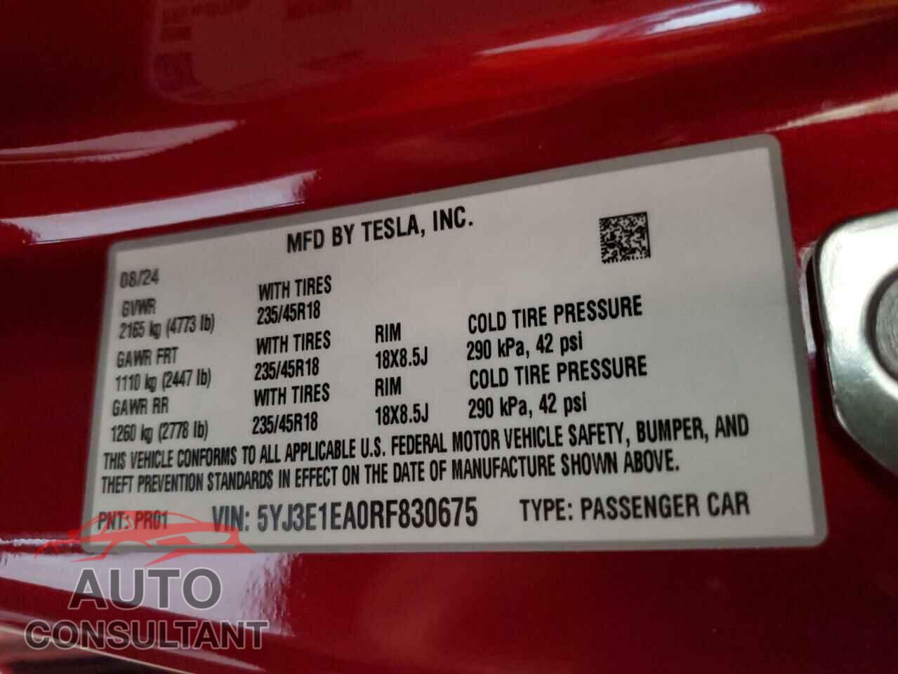 TESLA MODEL 3 2024 - 5YJ3E1EA0RF830675