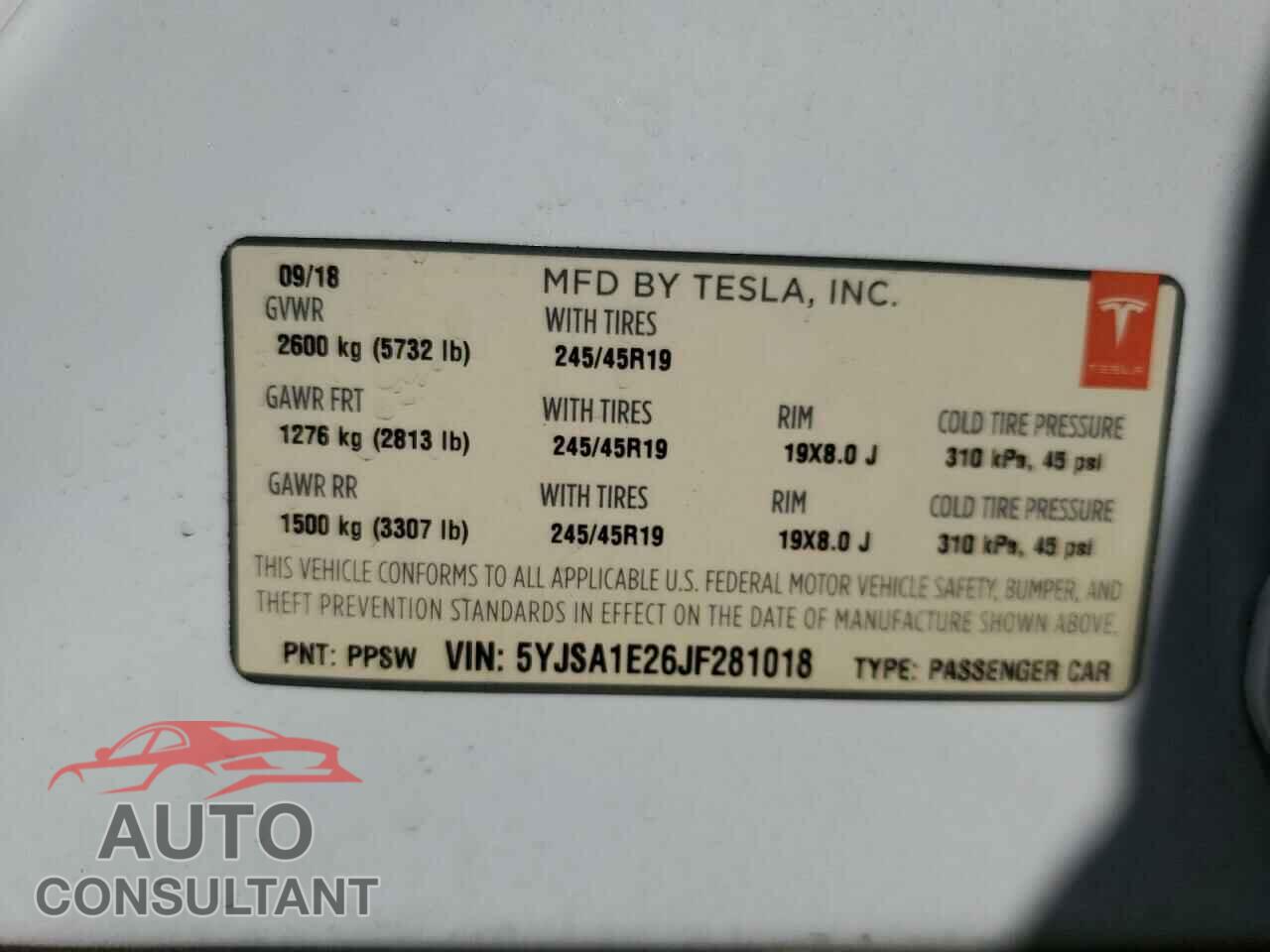 TESLA MODEL S 2018 - 5YJSA1E26JF281018