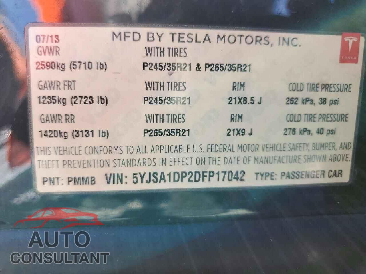 TESLA MODEL S 2013 - 5YJSA1DP2DFP17042