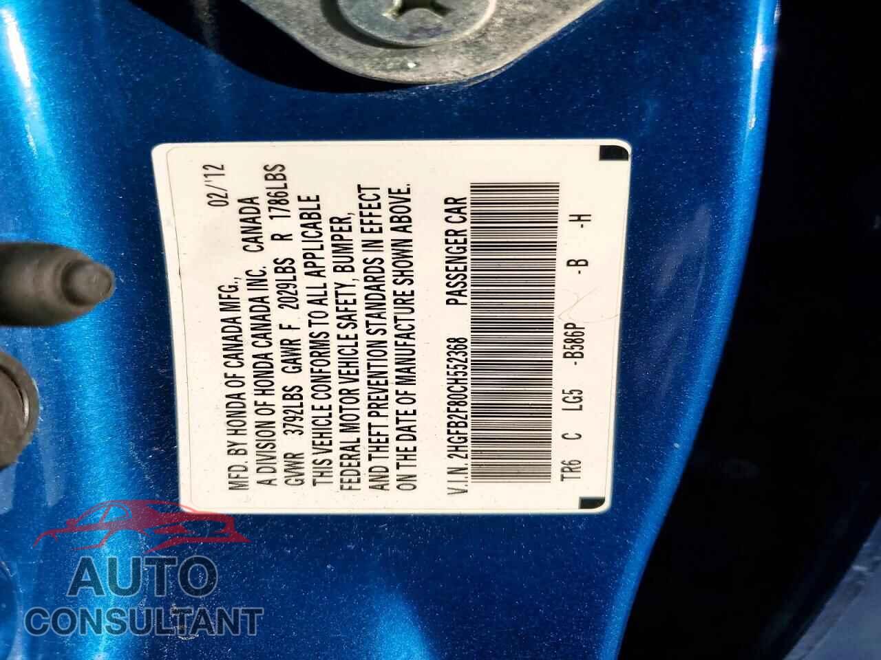 HONDA CIVIC 2012 - 2HGFB2F80CH552368