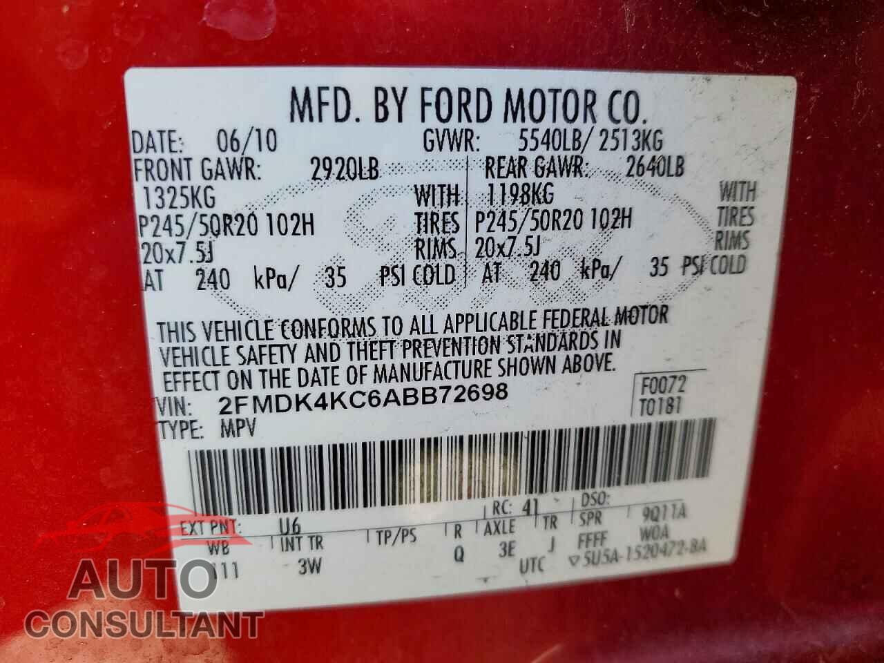 FORD EDGE 2010 - 2FMDK4KC6ABB72698