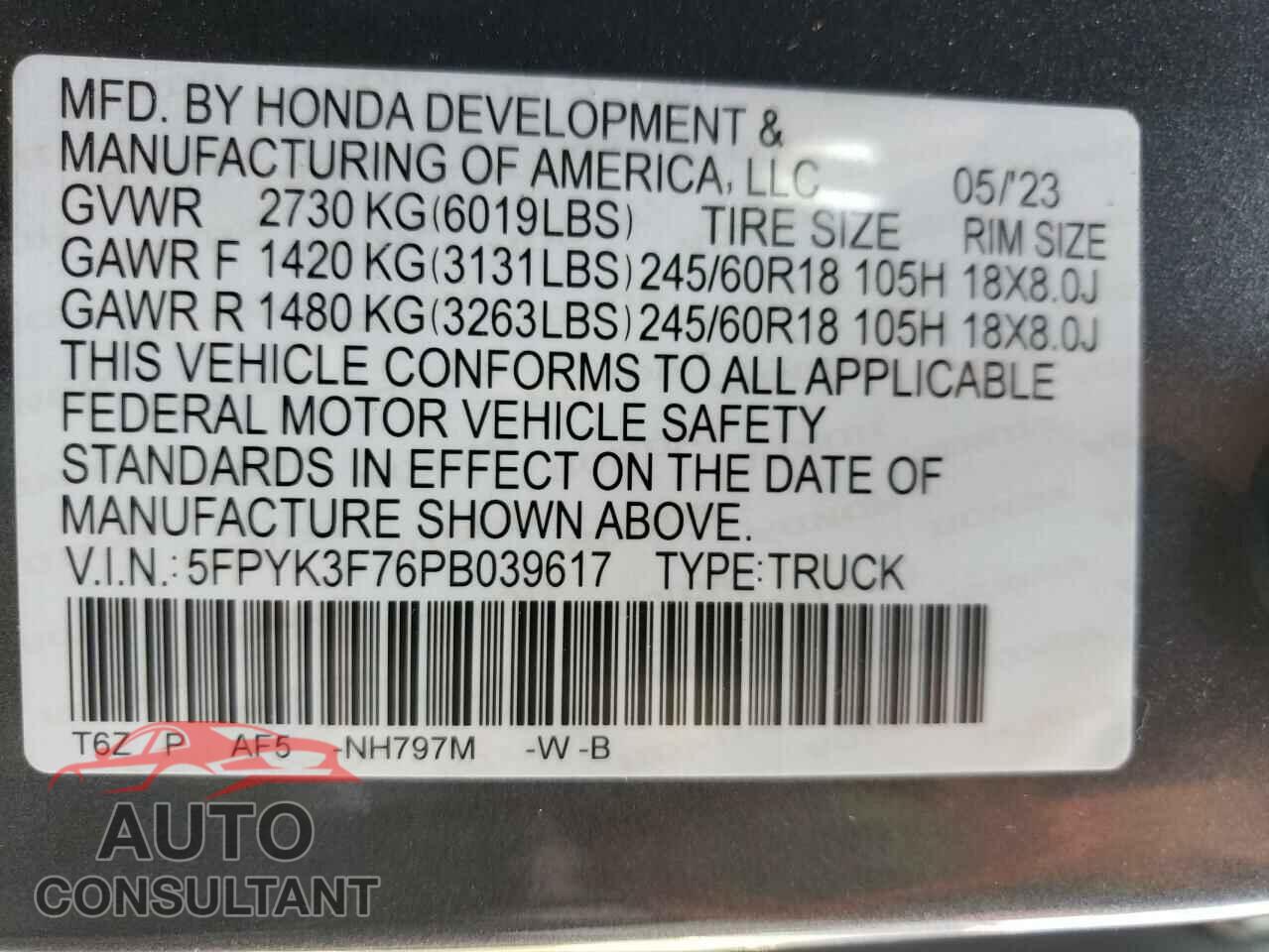 HONDA RIDGELINE 2023 - 5FPYK3F76PB039617