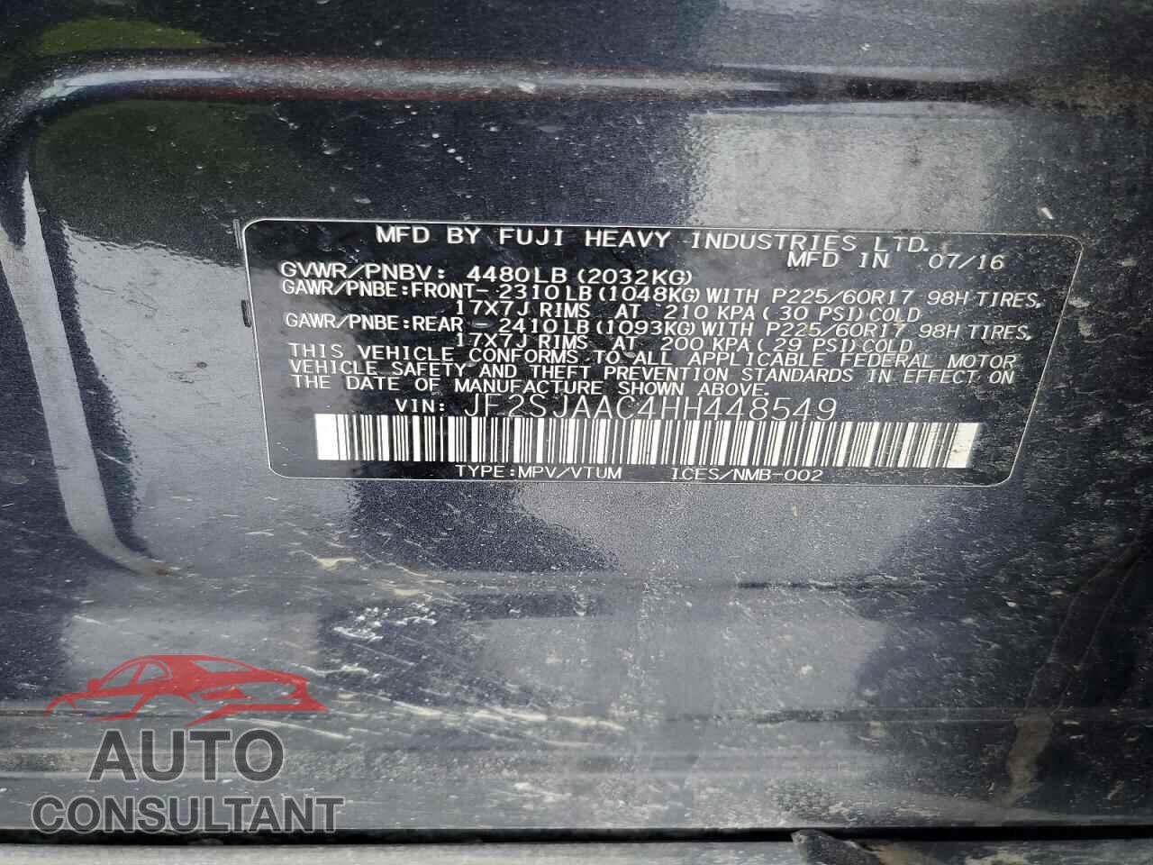 SUBARU FORESTER 2017 - JF2SJAAC4HH448549