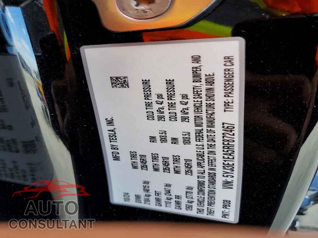TESLA MODEL 3 2024 - 5YJ3E1EA5RF872467