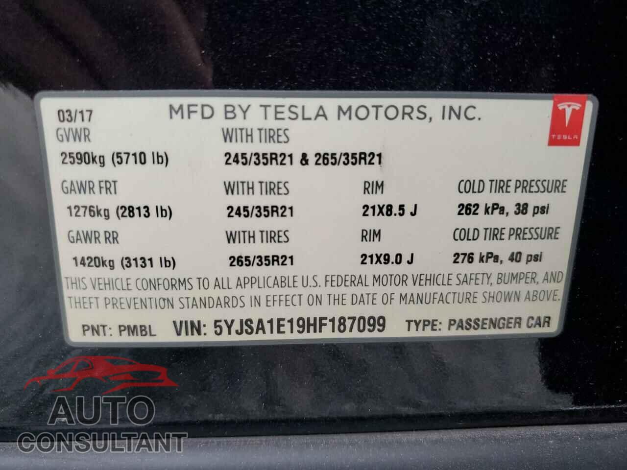 TESLA MODEL S 2017 - 5YJSA1E19HF187099