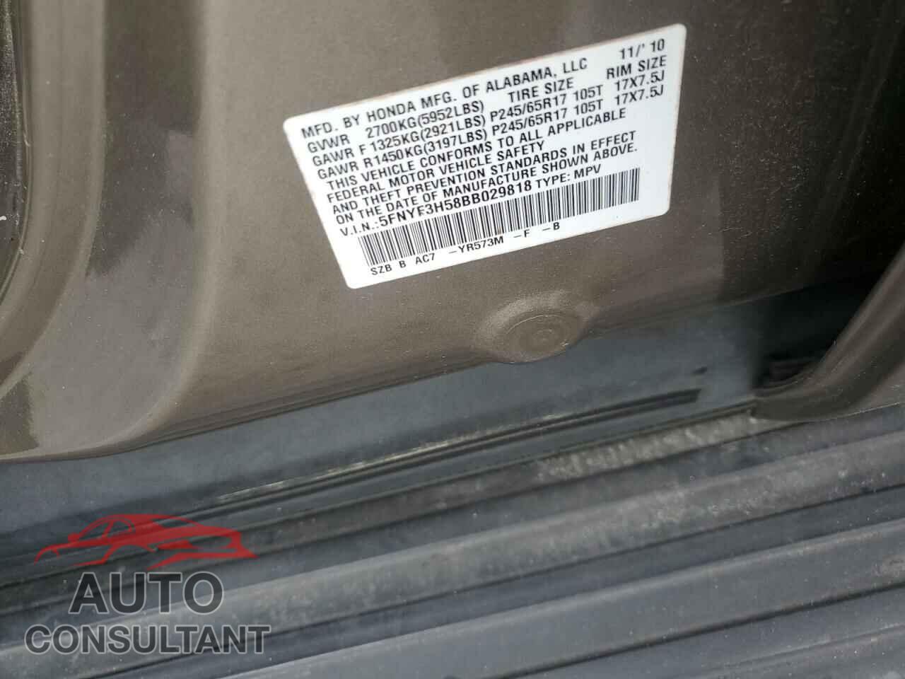 HONDA PILOT 2011 - 5FNYF3H58BB029818