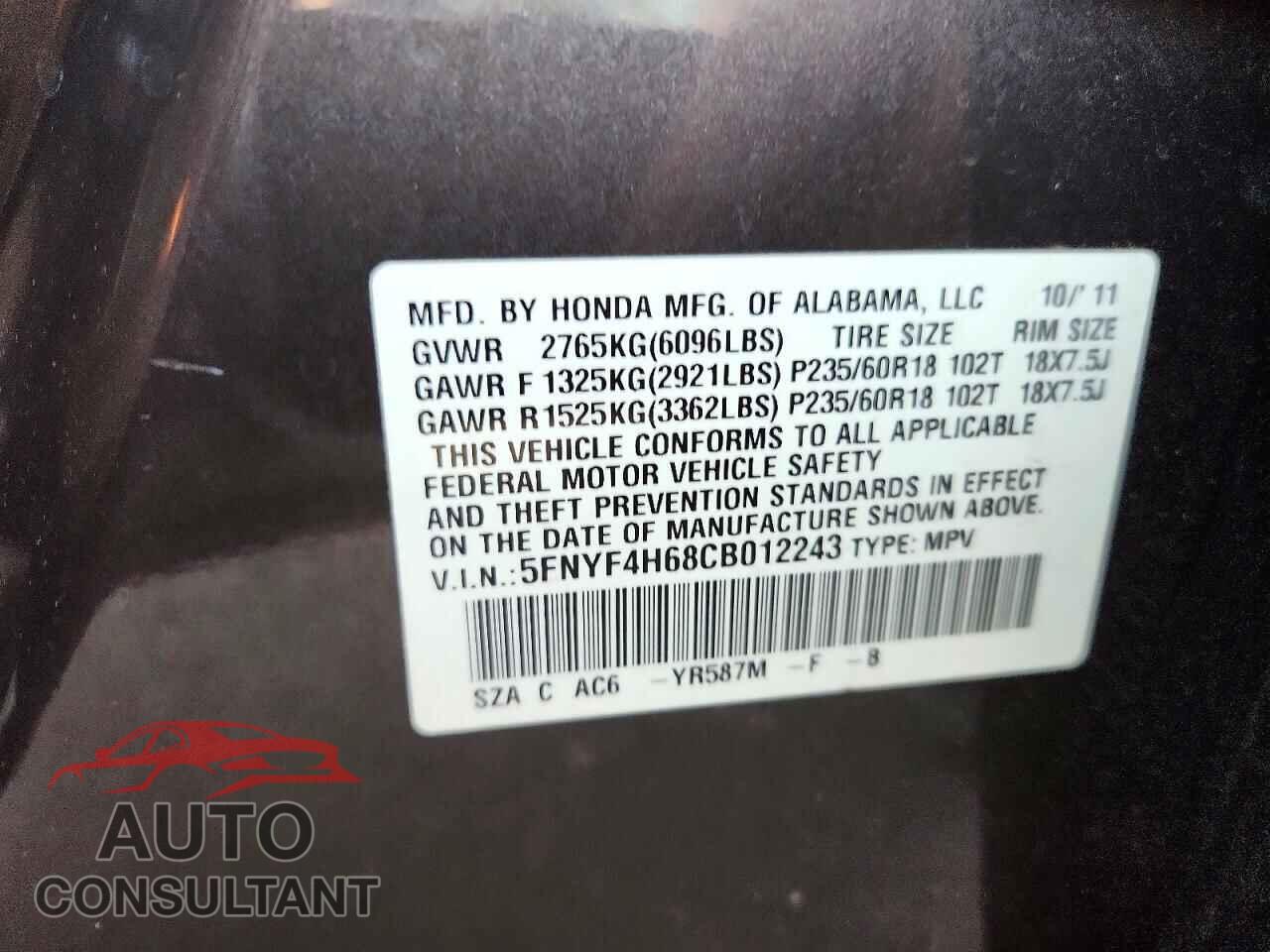 HONDA PILOT 2012 - 5FNYF4H68CB012243