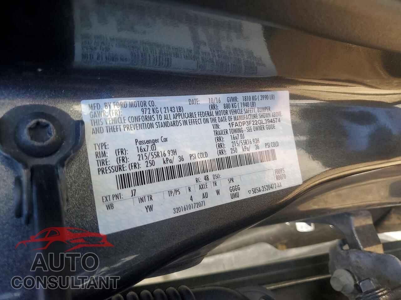 FORD FOCUS 2016 - 1FADP3F22GL394574