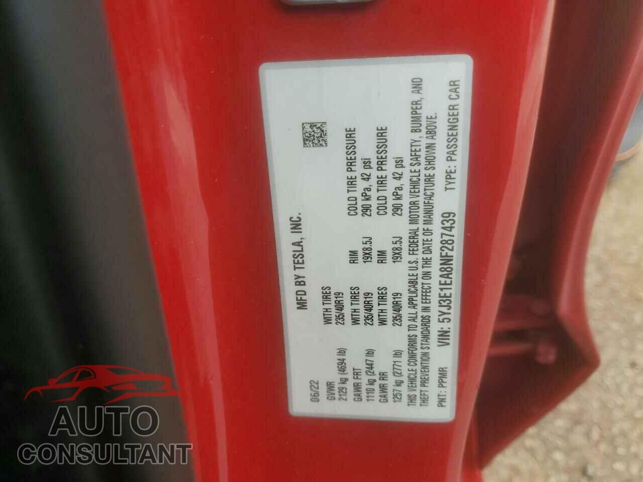 TESLA MODEL 3 2022 - 5YJ3E1EA8NF287439