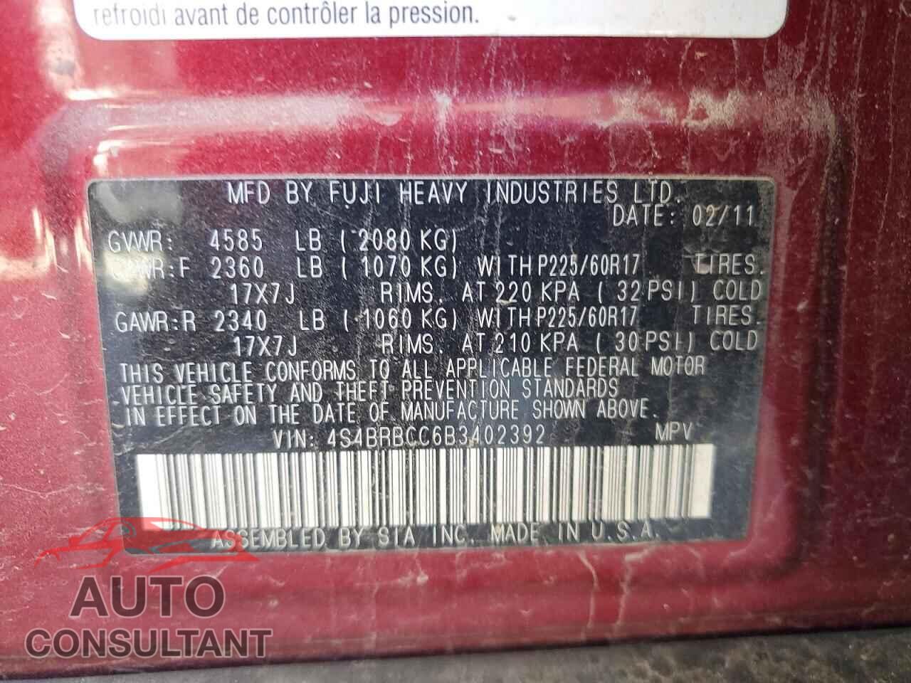 SUBARU OUTBACK 2011 - 4S4BRBCC6B3402392