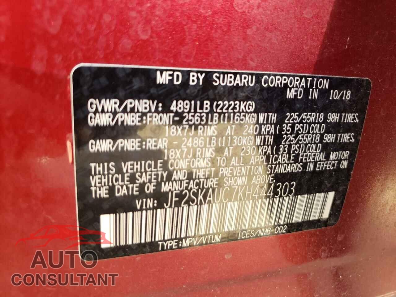 SUBARU FORESTER 2019 - JF2SKAUC7KH444303