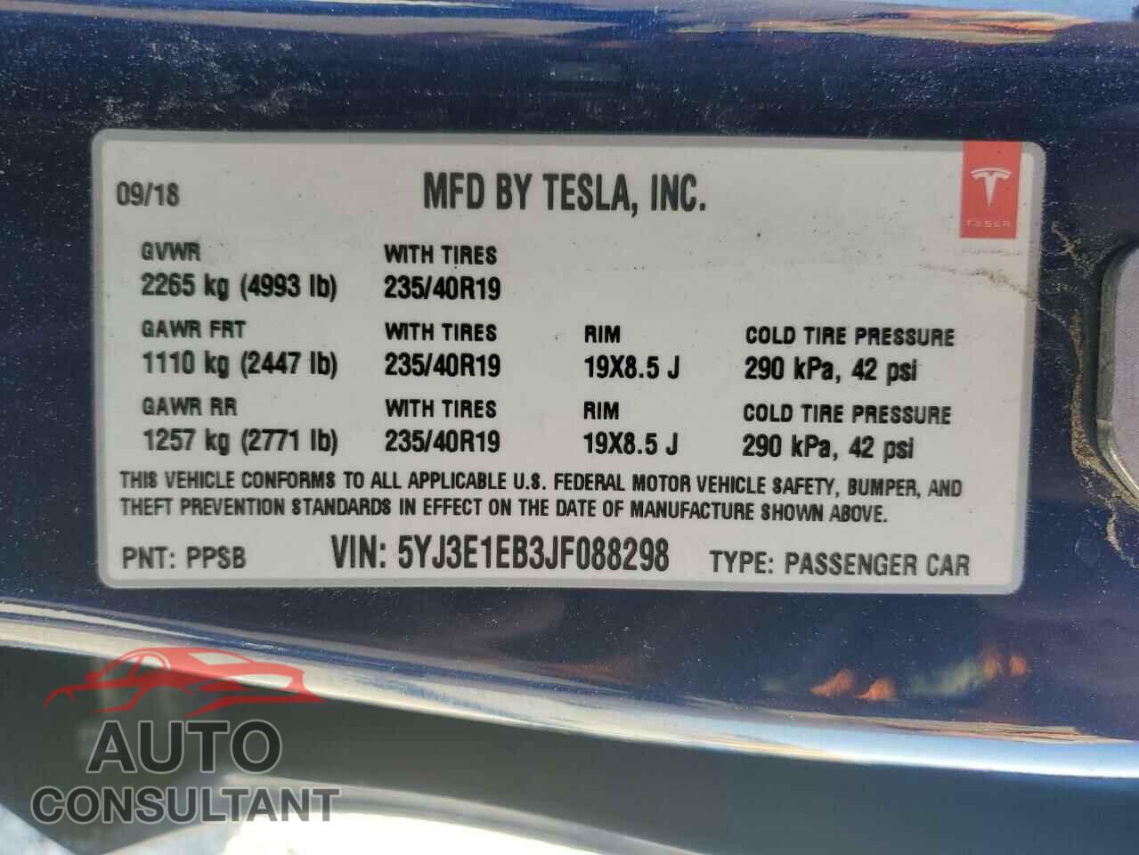 TESLA MODEL 3 2018 - 5YJ3E1EB3JF088298