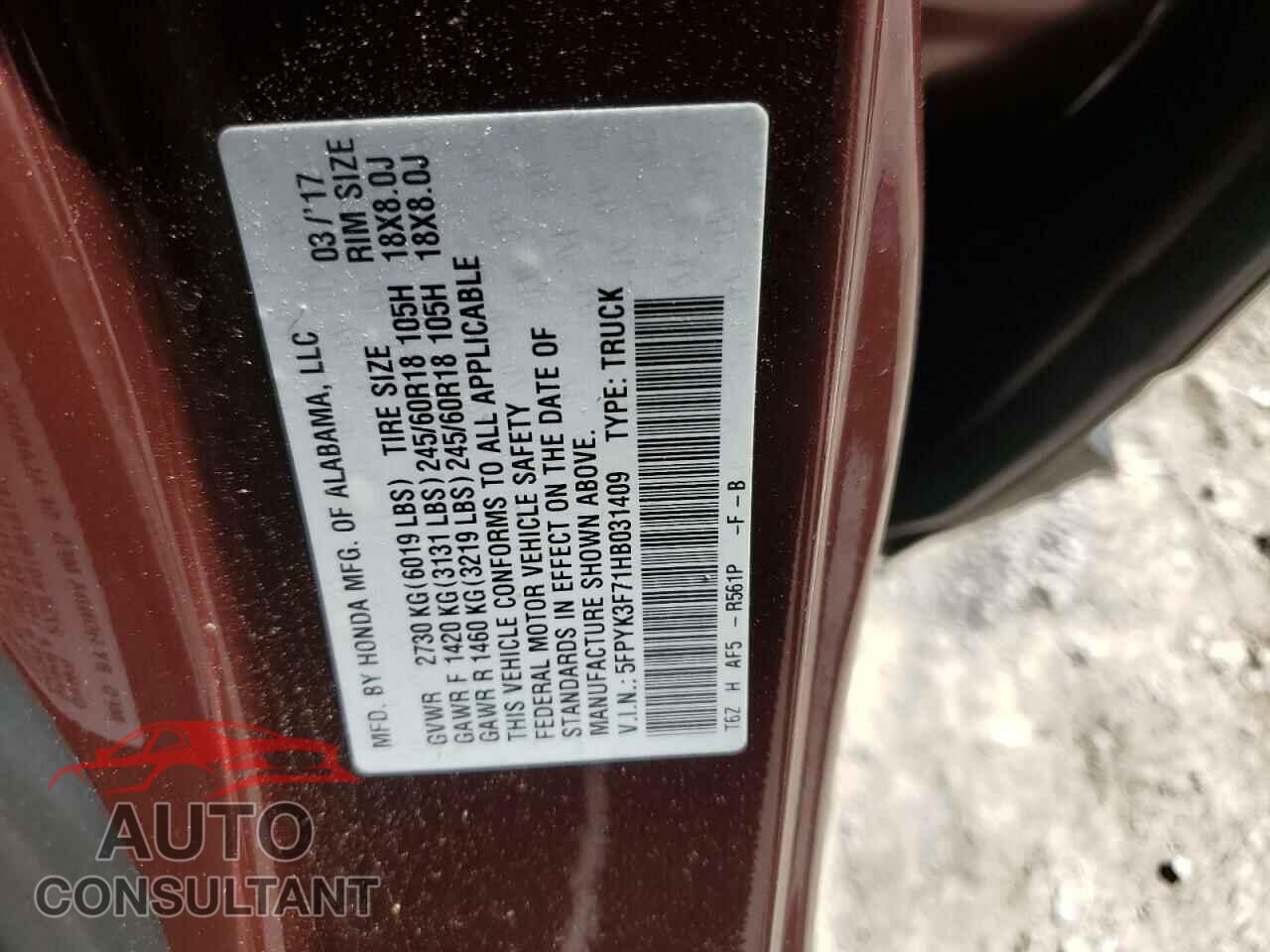 HONDA RIDGELINE 2017 - 5FPYK3F71HB031409