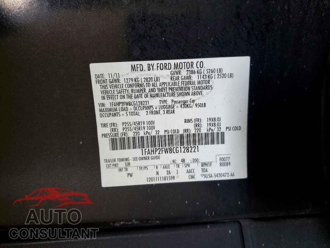 FORD TAURUS 2012 - 1FAHP2FW8CG128221