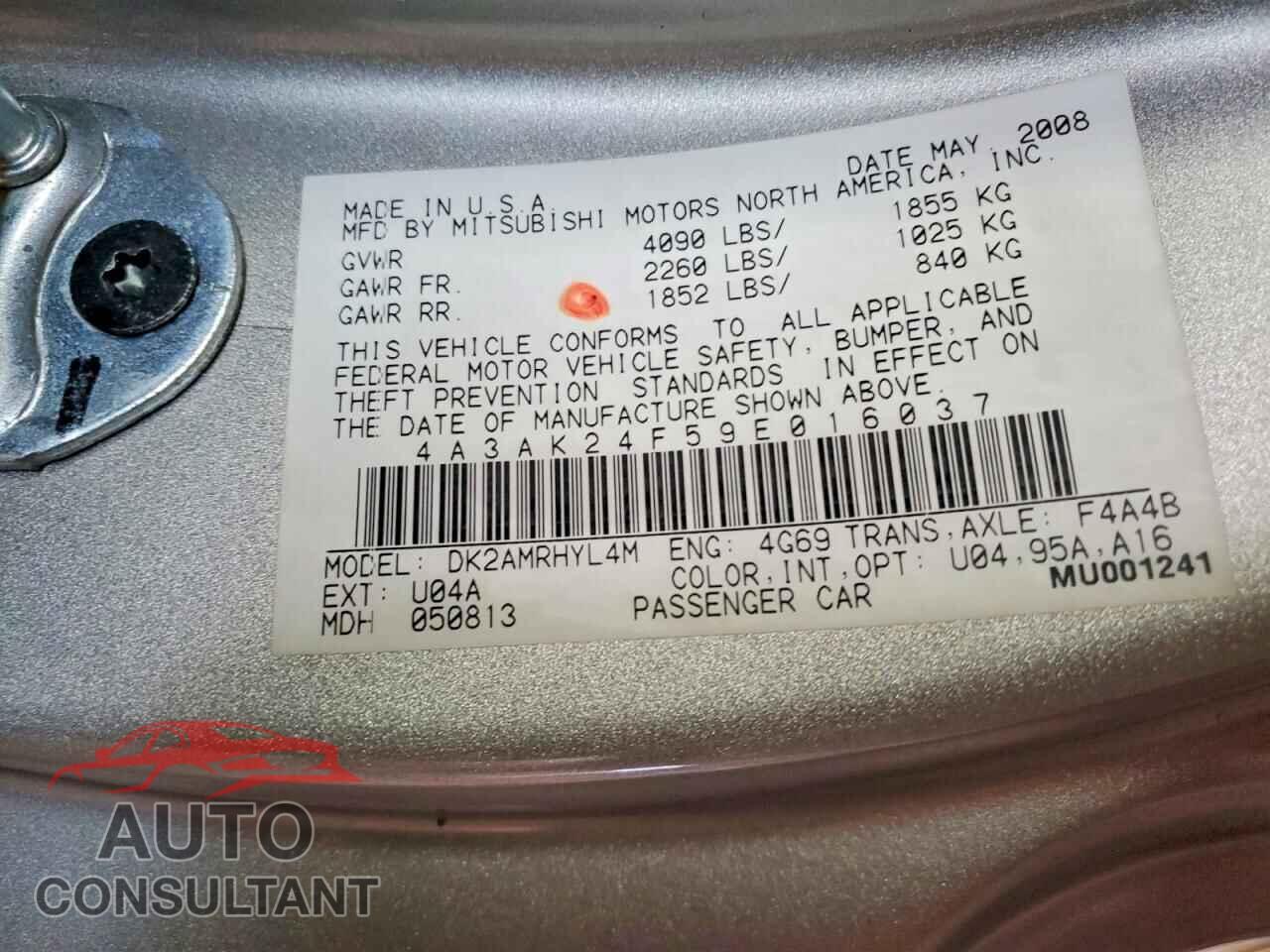 MITSUBISHI ECLIPSE 2009 - 4A3AK24F59E016037