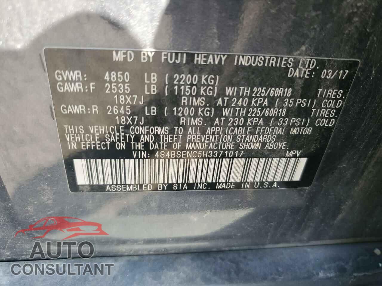 SUBARU OUTBACK 2017 - 4S4BSENC5H3371017