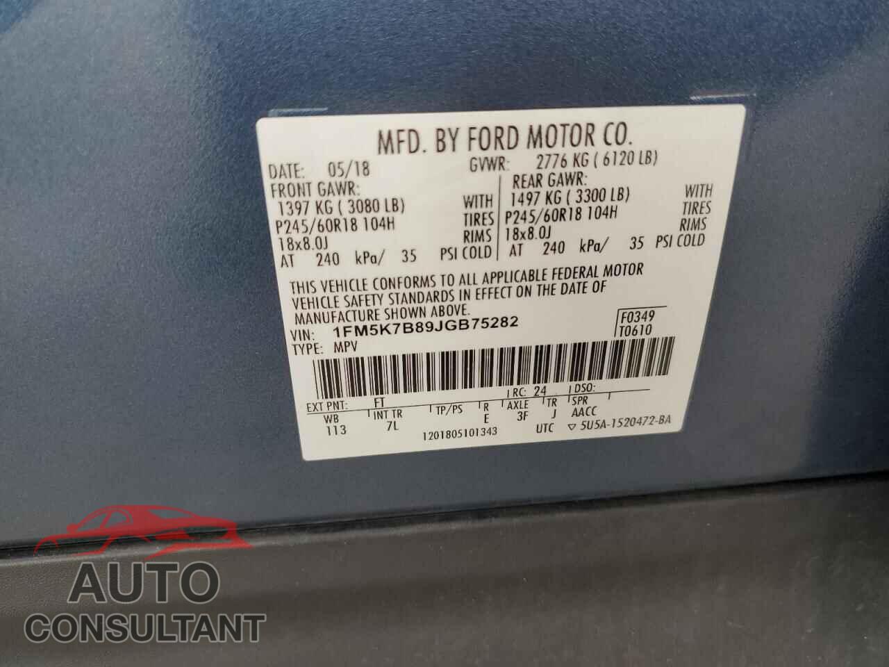 FORD EXPLORER 2018 - 1FM5K7B89JGB75282