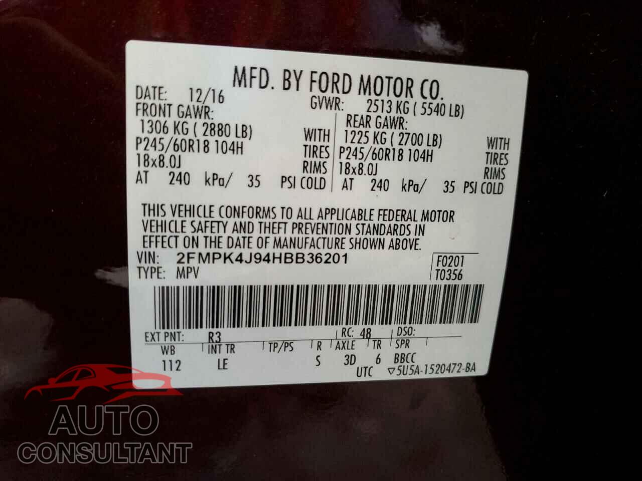 FORD EDGE 2017 - 2FMPK4J94HBB36201