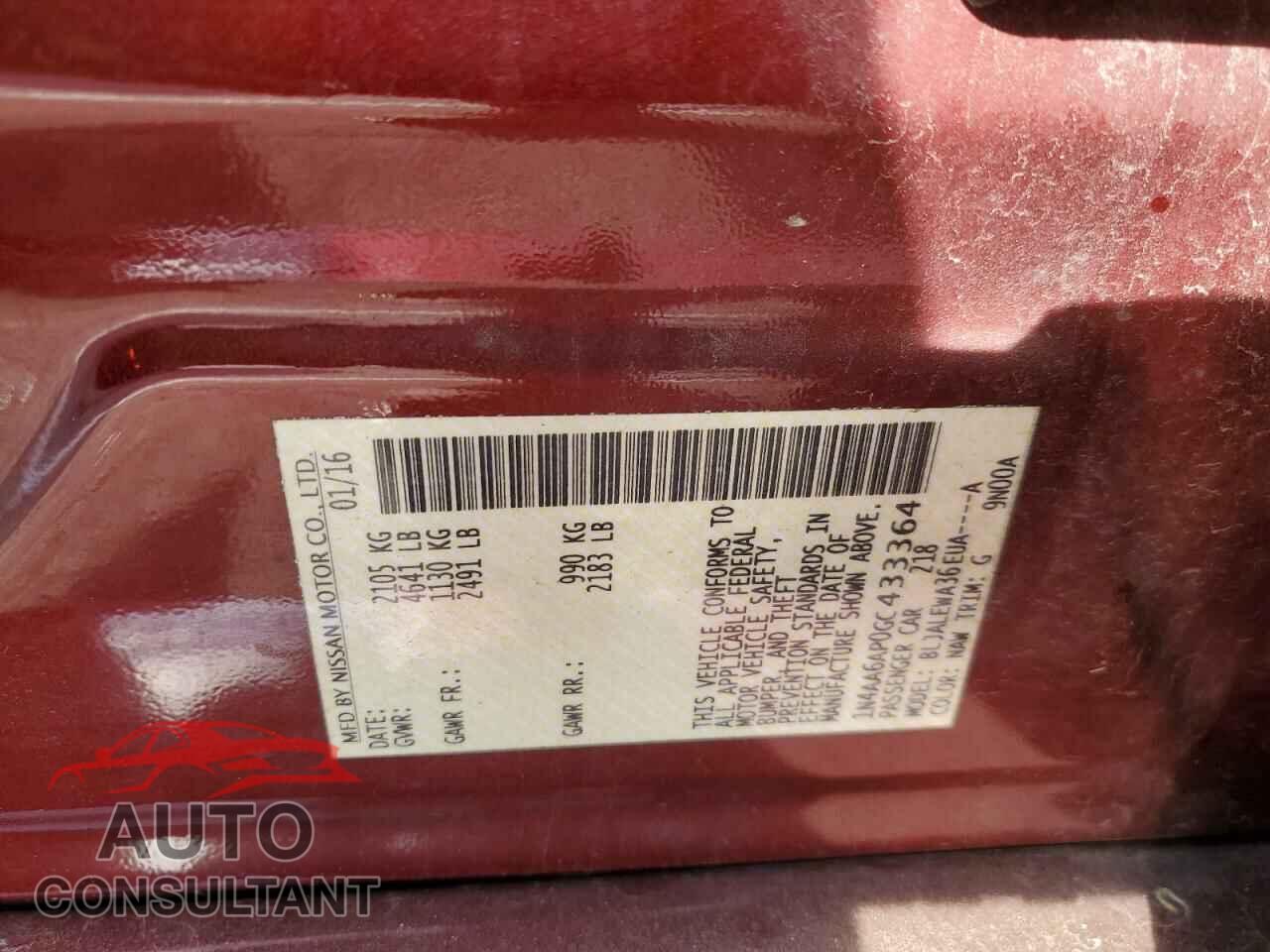 NISSAN MAXIMA 2016 - 1N4AA6AP0GC433364