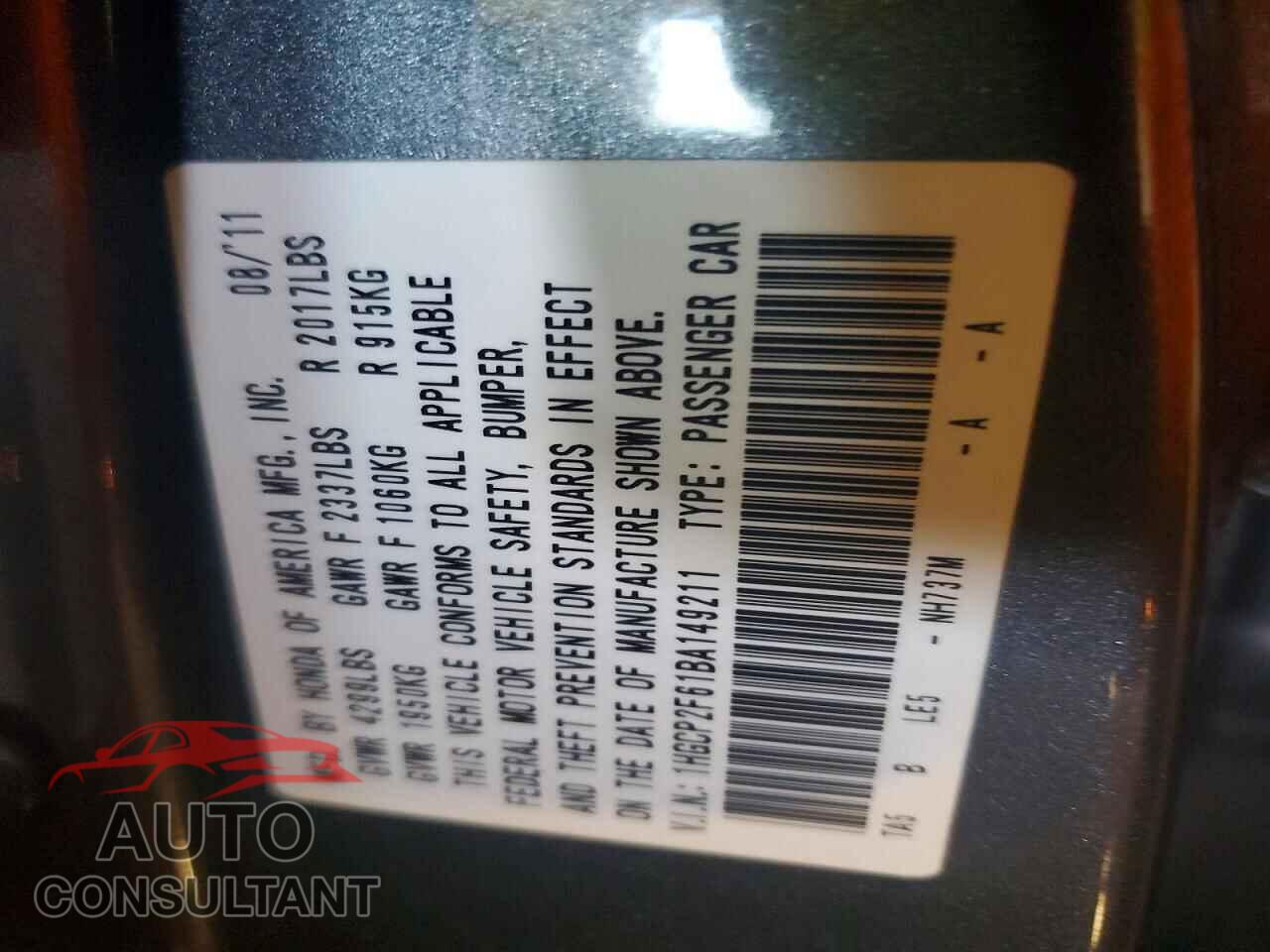 HONDA ACCORD 2011 - 1HGCP2F61BA149211