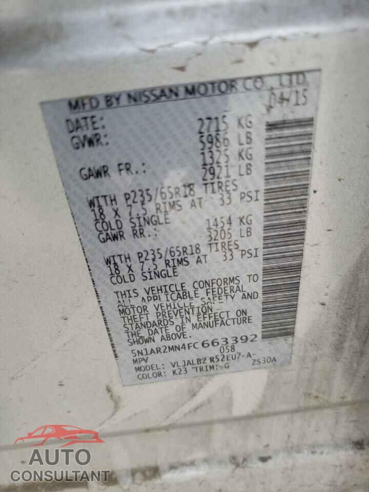 NISSAN PATHFINDER 2015 - 5N1AR2MN4FC663392